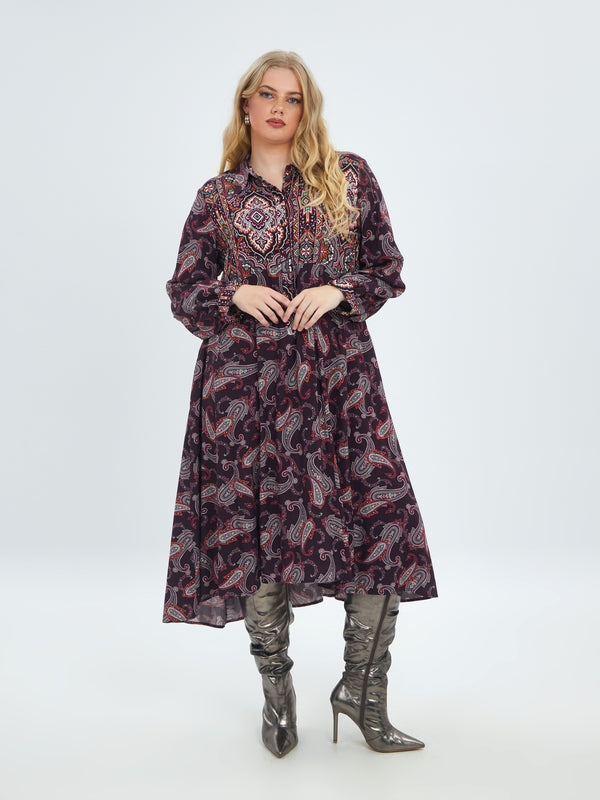 PAISLEY PRINT DRESS - Plum