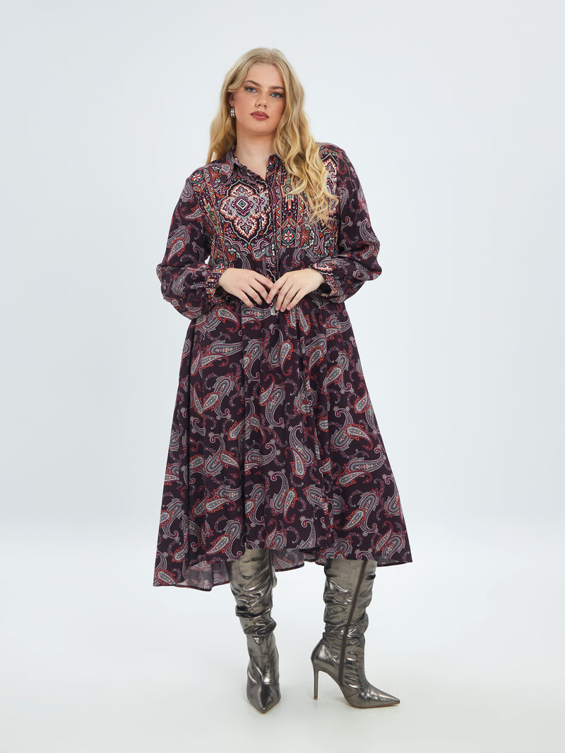 PAISLEY PRINT DRESS - Plum