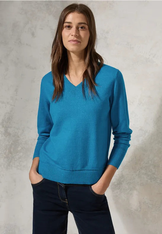 Cosy Cropped V-Neck Jumper - Dynamic Aqua Melange