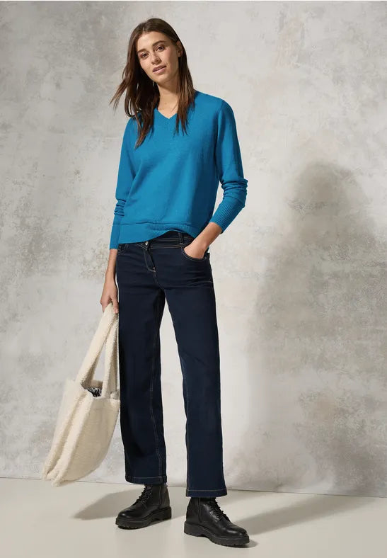 Cosy Cropped V-Neck Jumper - Dynamic Aqua Melange