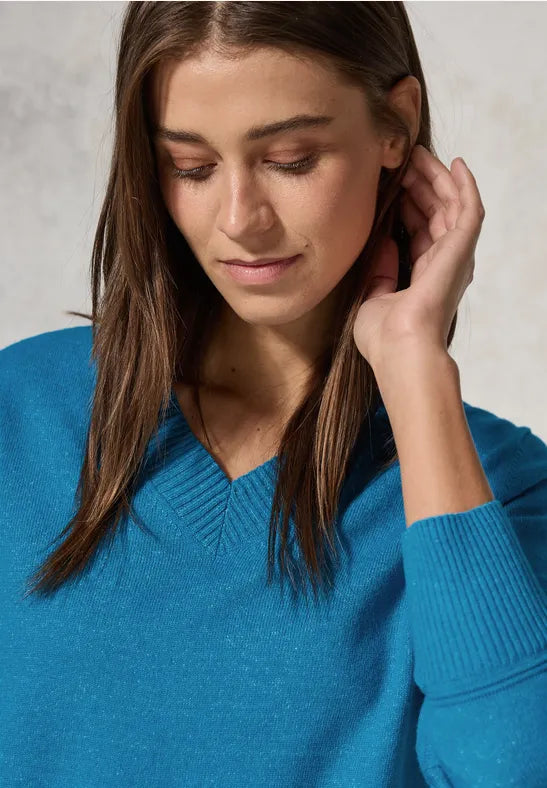 Cosy Cropped V-Neck Jumper - Dynamic Aqua Melange