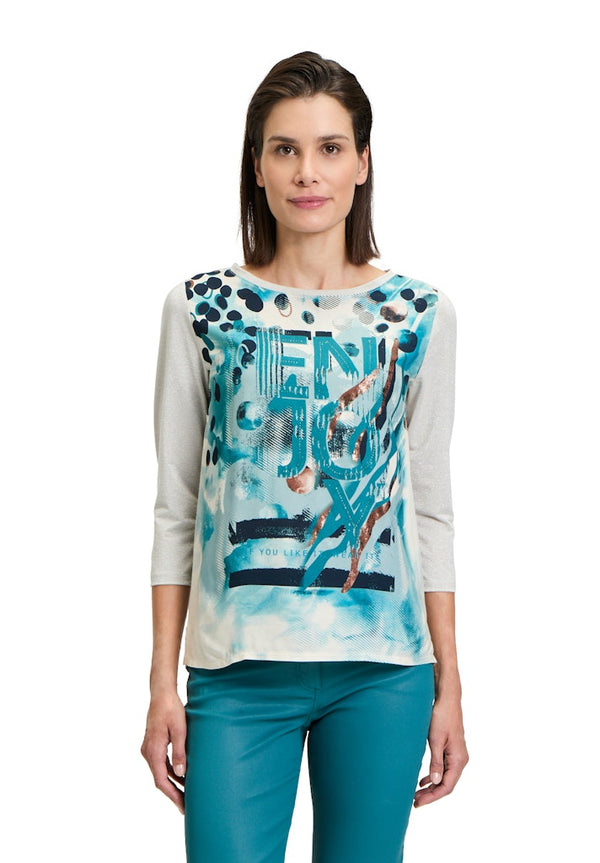 Graphic 3/4 Sleeve Blouse - Beige/petrol