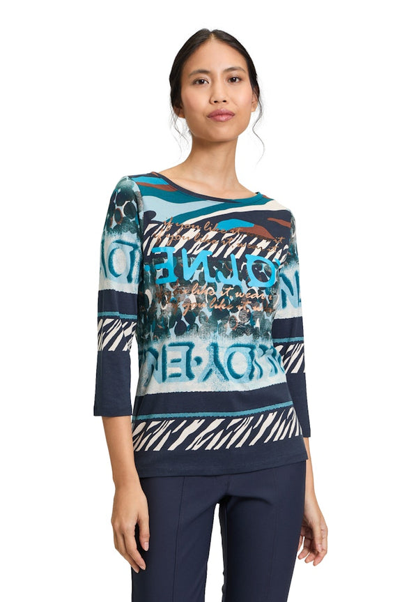 Print 3/4 Sleeve Top - Dark Blue/mint