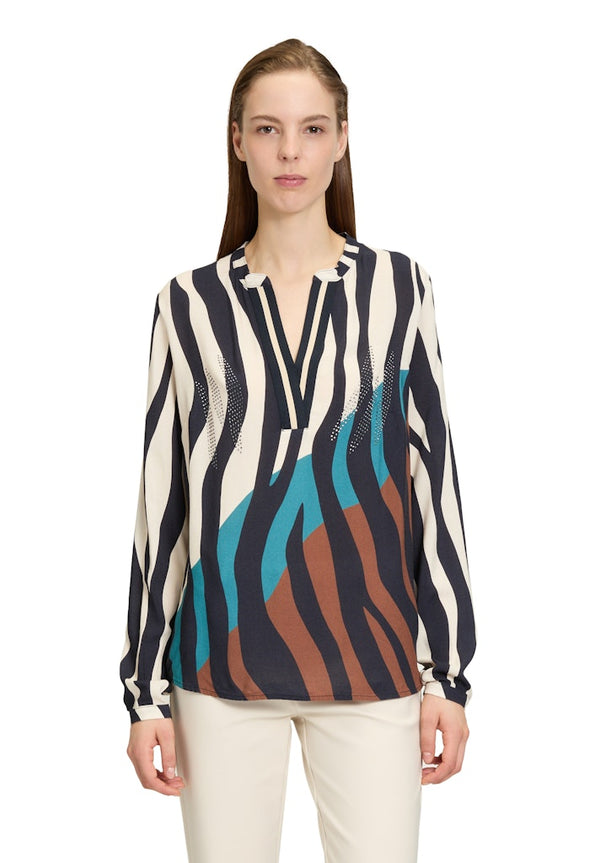 Pattern Long Sleeve Blouse - Dark Blue/beige