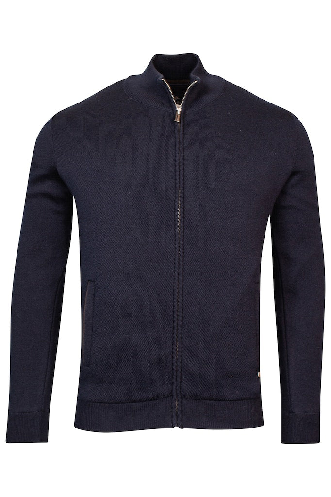 Wool Mix Plain Full Zip Jumper - Navy