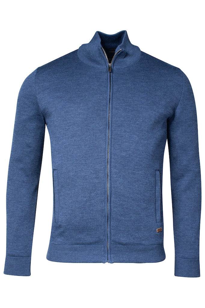 Wool Mix Plain Full Zip Jumper - Deep Denim Blue