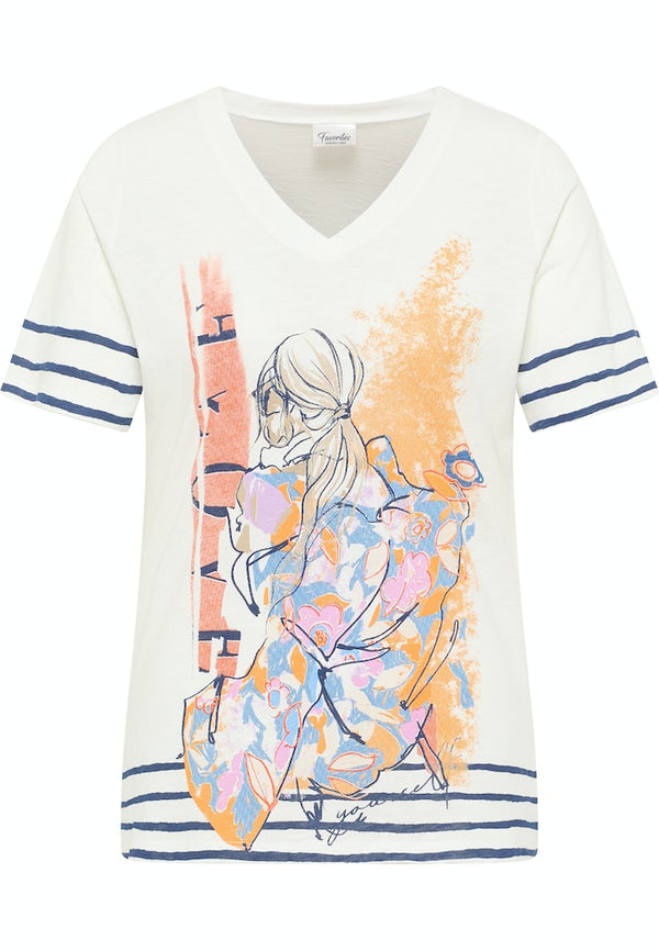 V Neck Front Print T-Shirt - Off White