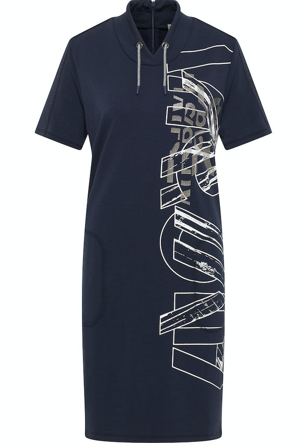 Side Print Drawstring Neck Dress - Navy