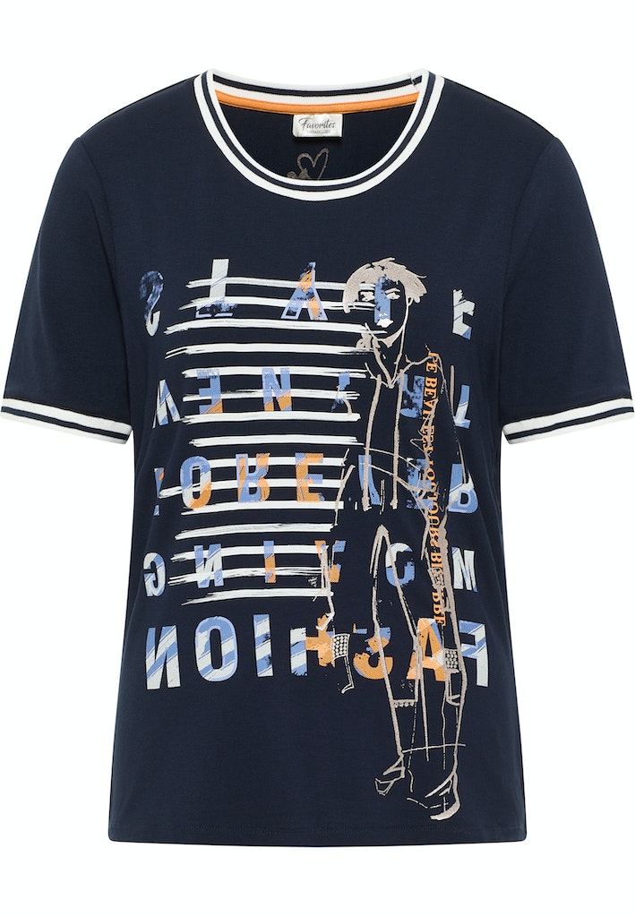 Round Neck Front Print T-Shirt - Navy