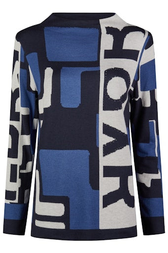 Boat Neck Print Jumper - Navy