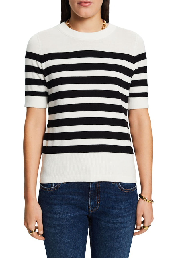 Casual Round Neck Stripe Jumper - Off White