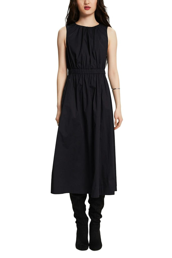 Casual Gathered Midi Dress - Black