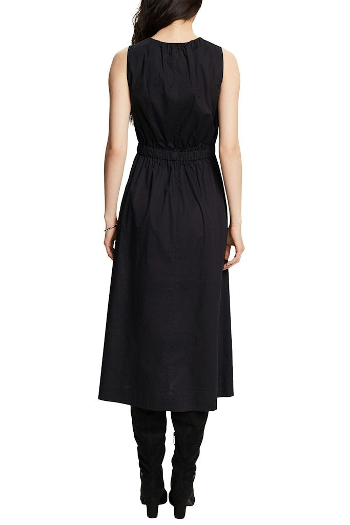 Casual Gathered Midi Dress - Black