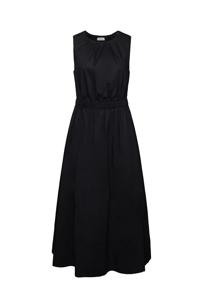 Casual Gathered Midi Dress - Black