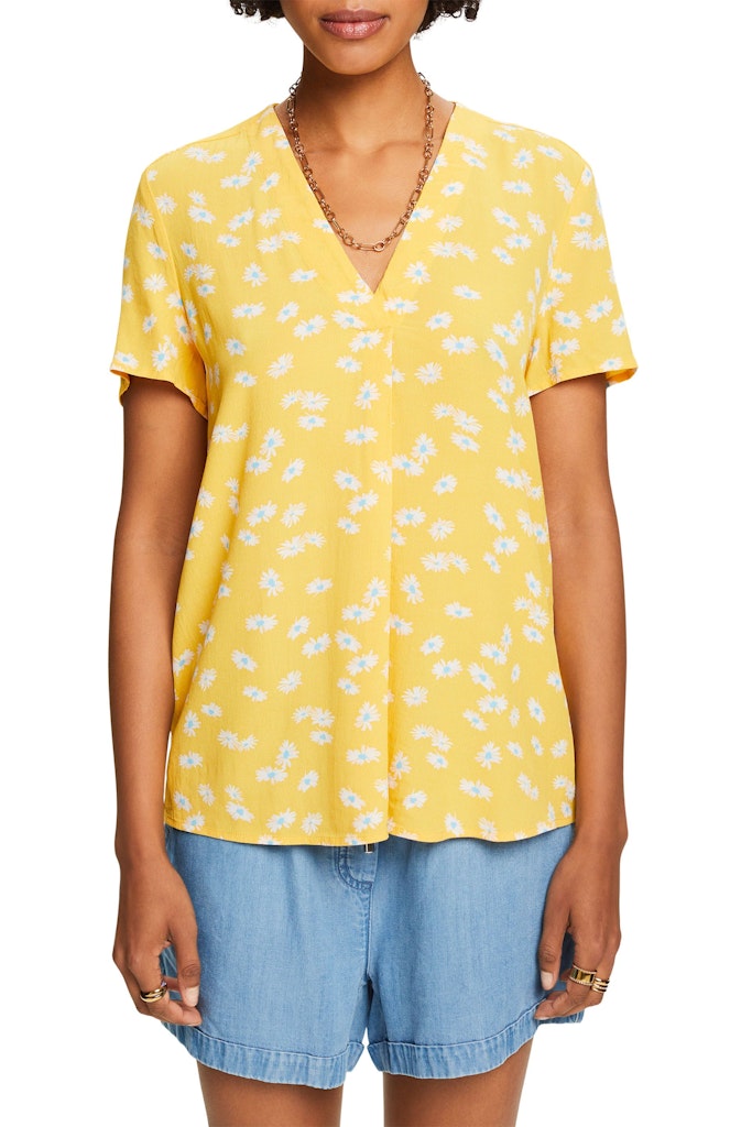 Casual Printed V-Neck Blouse - Sunflower Yellow