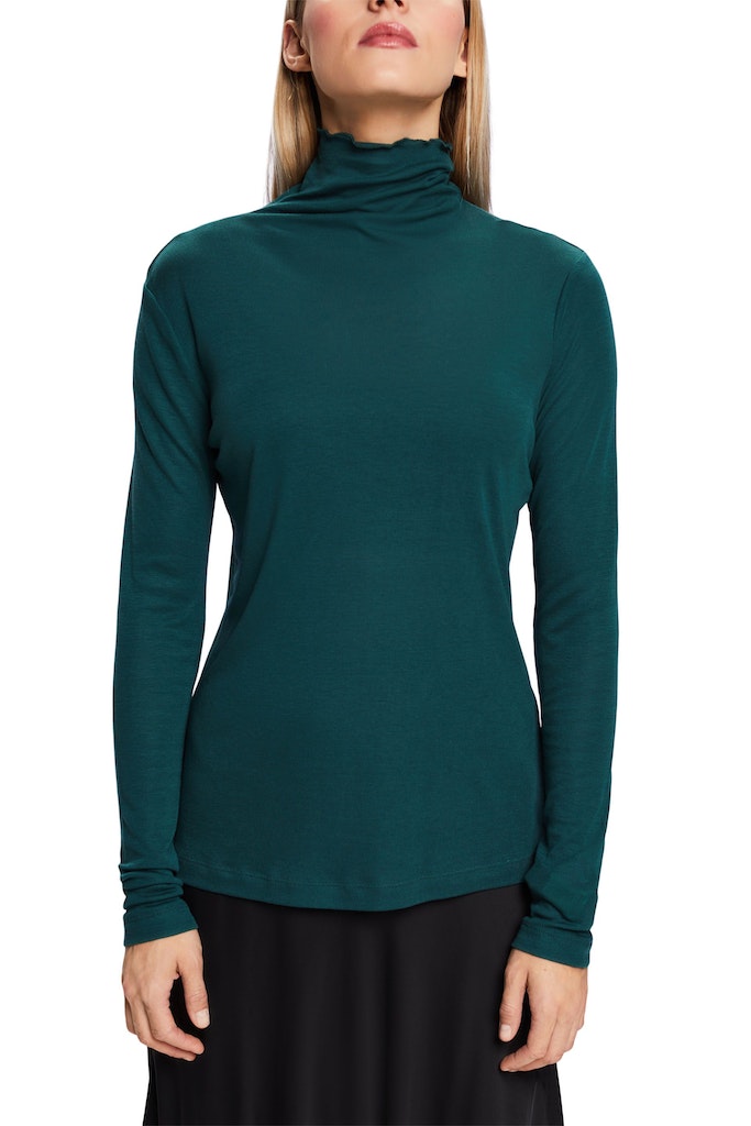 Casual Ribbed High Neck Top - Emerald Green