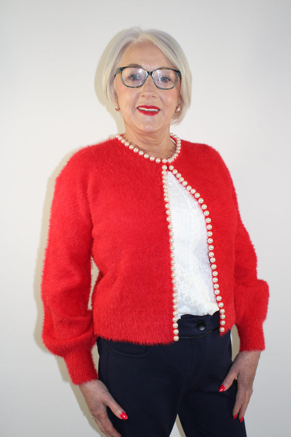 Pearl Detail Cardigan - Red