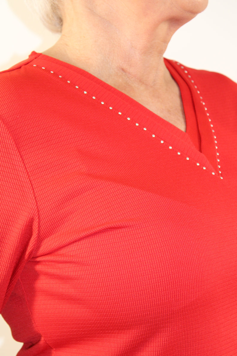 Pearl Detail V Neck Top - Red