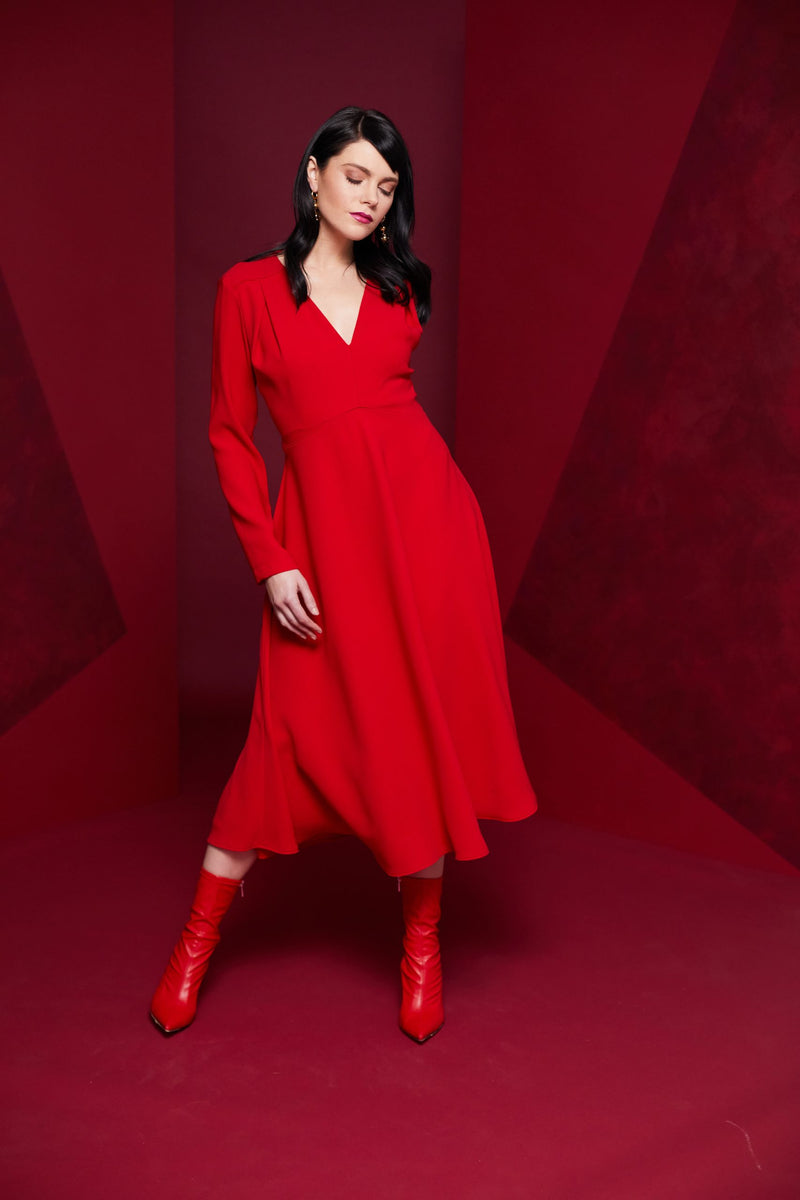 V Neck Full Dress - Red