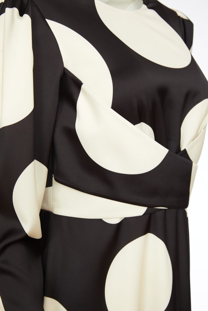 Wrap Waist Detail Spot Dress - Black/cream