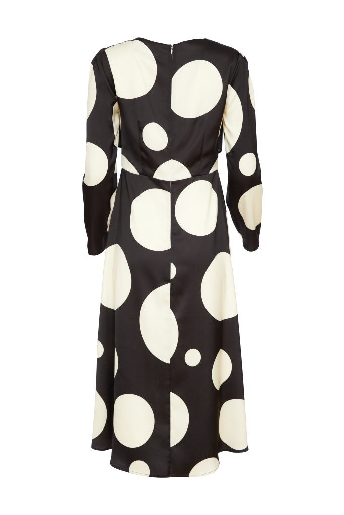 Wrap Waist Detail Spot Dress - Black/cream