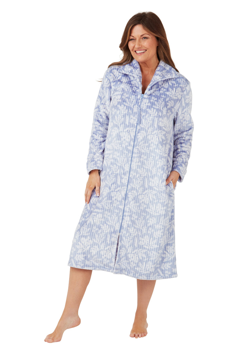 Floral Fleece Zipper Robe - Dusky Blue