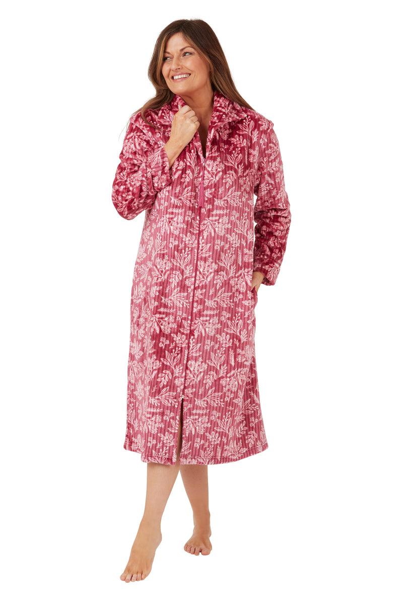 Floral Fleece Zipper Robe - Dusky Pink