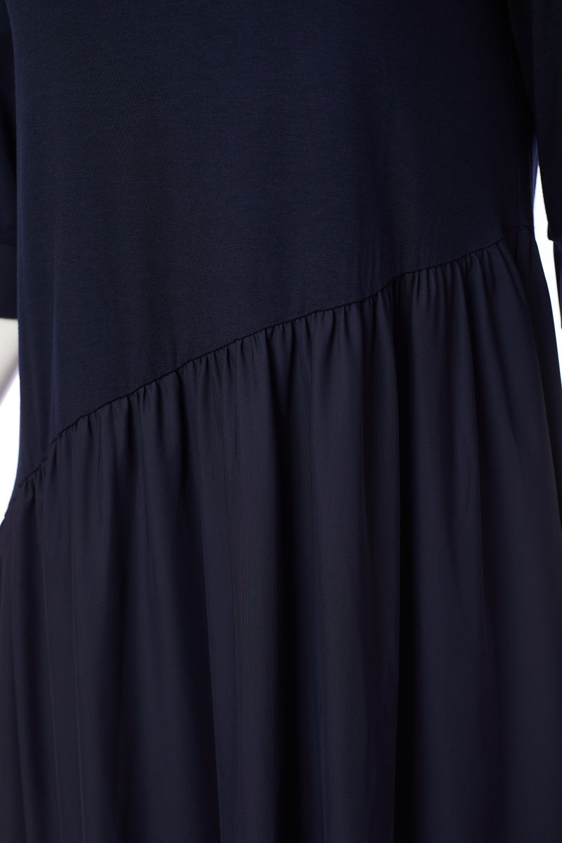 Gathered Skirt Jersey Dress - Navy