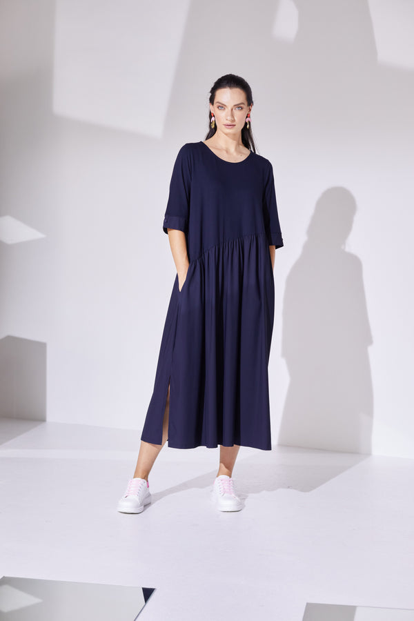 Gathered Skirt Jersey Dress - Navy