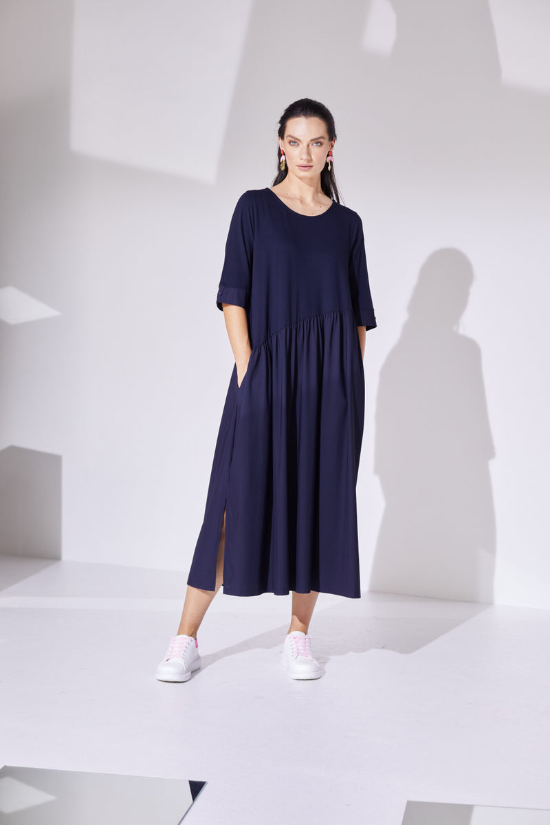 Gathered Skirt Jersey Dress - Navy