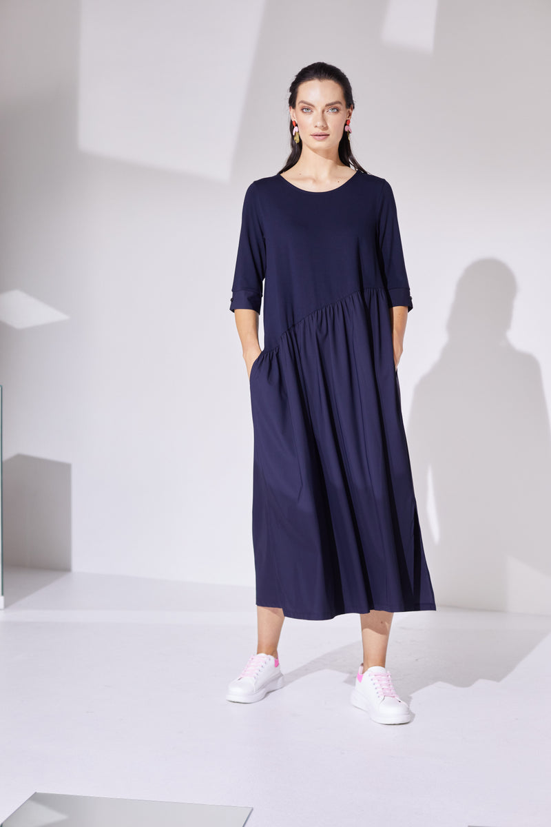 Gathered Skirt Jersey Dress - Navy