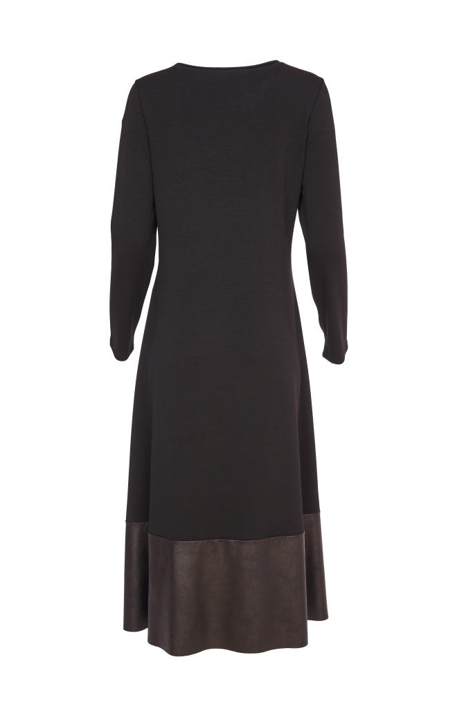 Contrast Fabric Panel V Neck Dress - Black