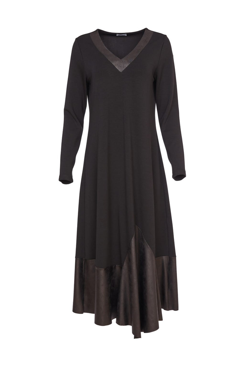 Contrast Fabric Panel V Neck Dress - Black