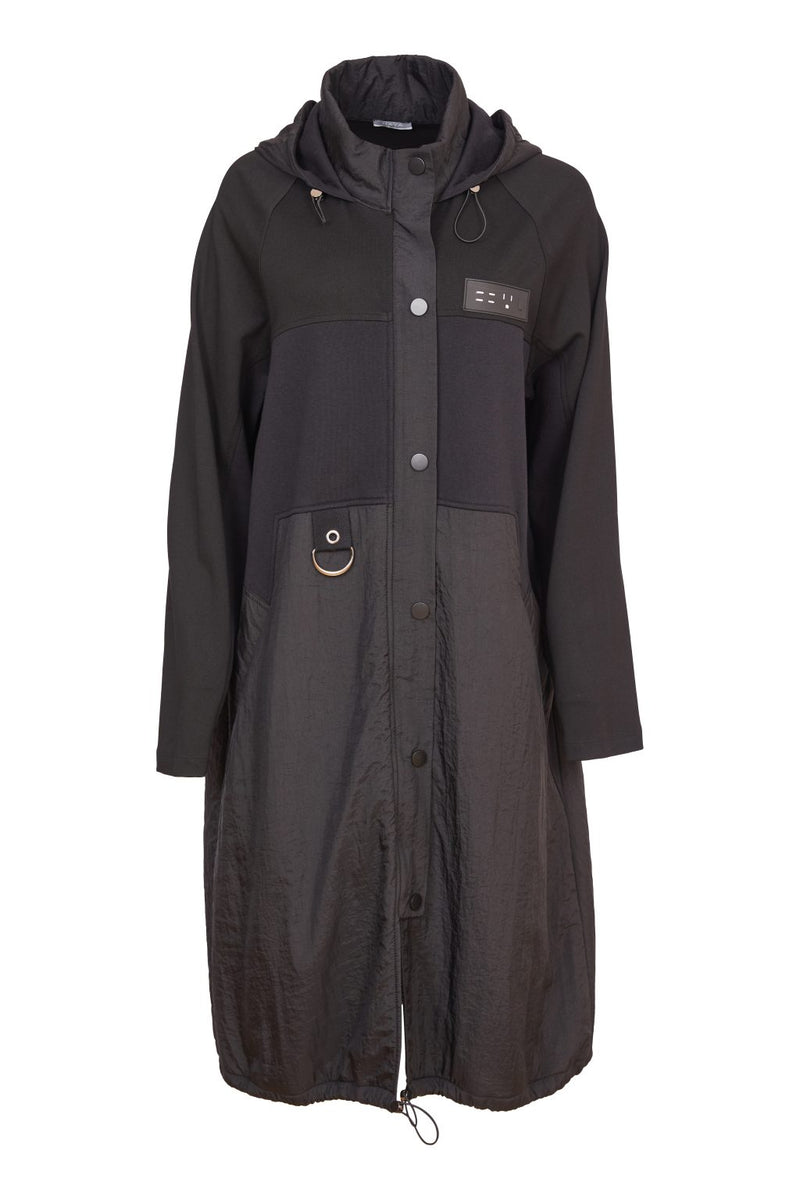 Contrast Hempanel Hooded Coat - Black