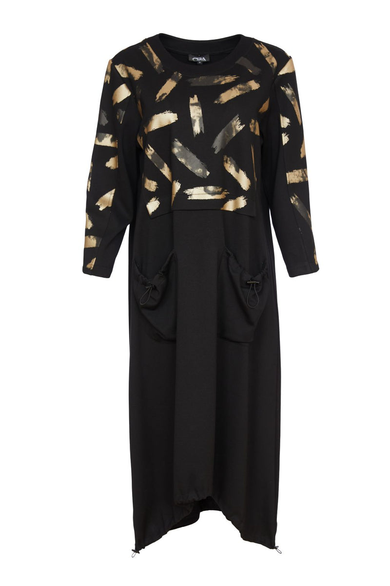 Contrast Skirt Panel Print Dress - Black/bronze