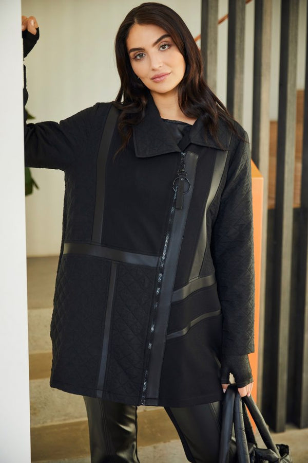 Contrast Panel Quilted Coat - Black