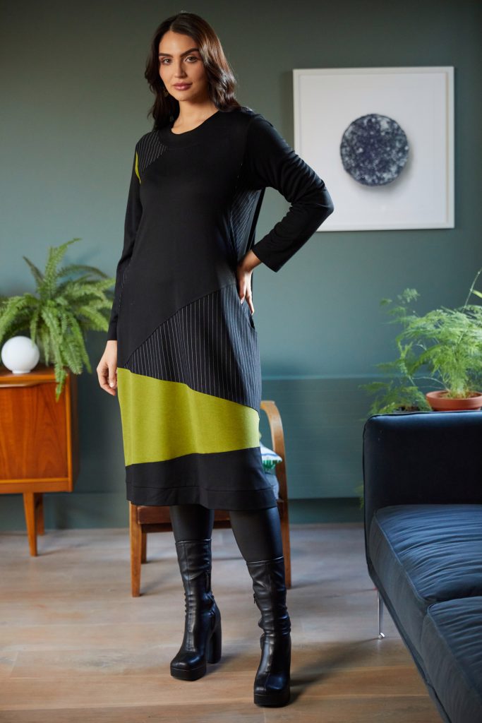 Stripe Panels Color Block Dress - Black/lime