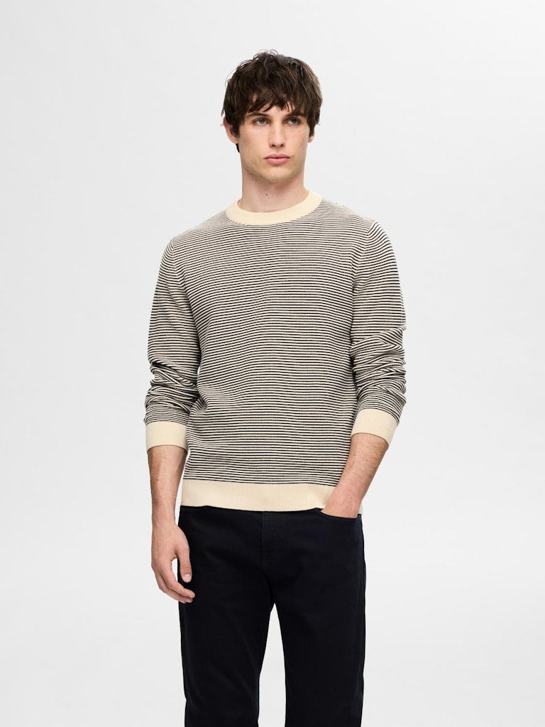 Jake Stripe Round Neck Jumper - Oatmeal/sky Captain