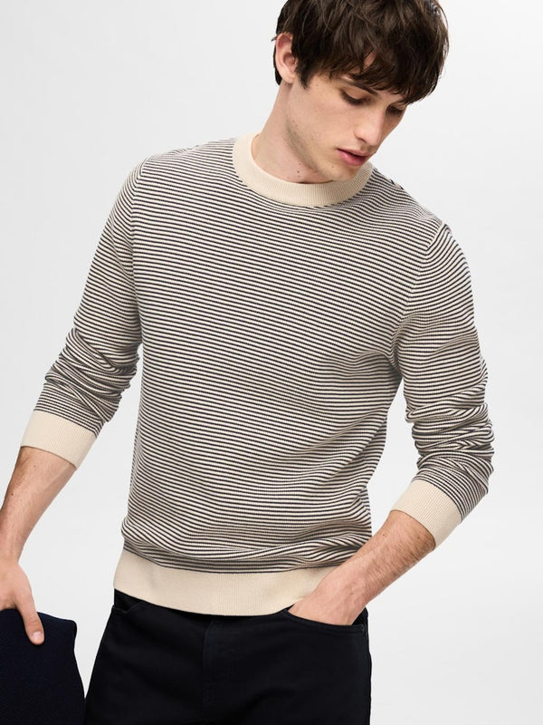 Jake Stripe Round Neck Jumper - Oatmeal/sky Captain