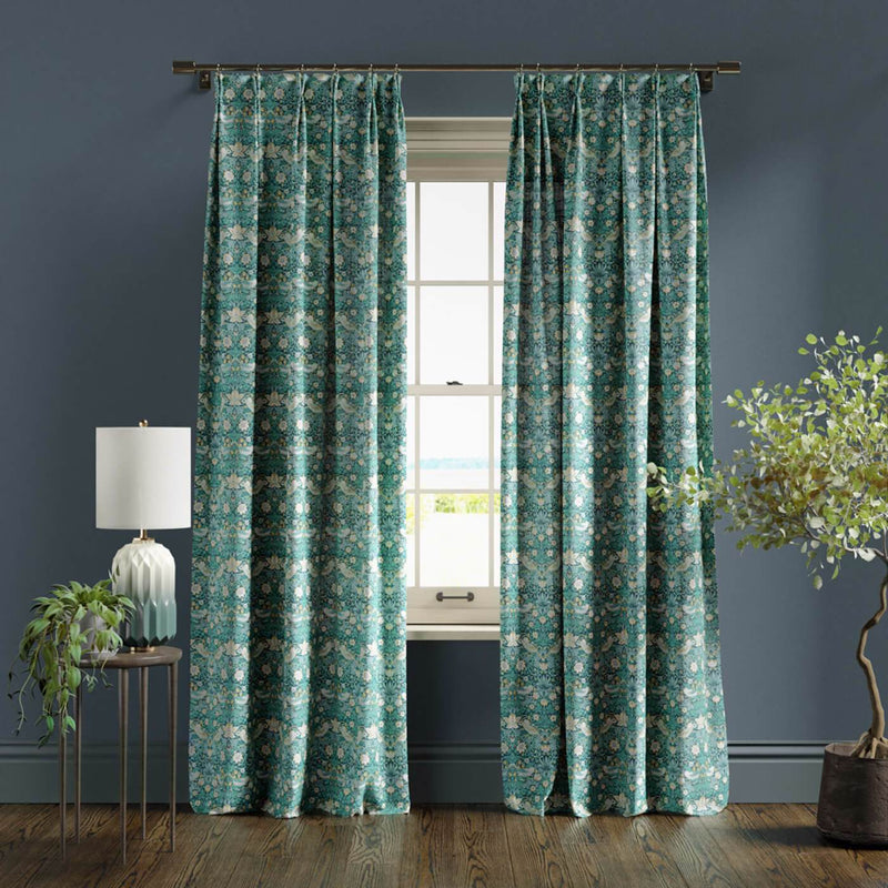 Strawberry Thief Readymade Pencil Pleat Curtains - Teal