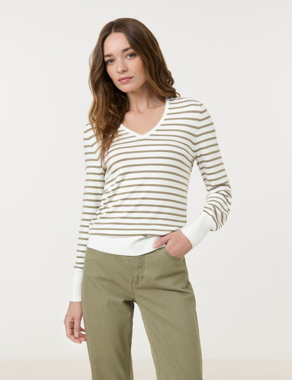 Diamonds & Jade V-Neck Stripe Jumper - New Sage Stripe