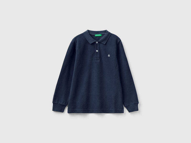 Boys Plain Long Sleeve Polo Shirt - Navy