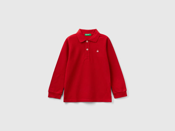 Boys Plain Long Sleeve Polo Shirt - Red