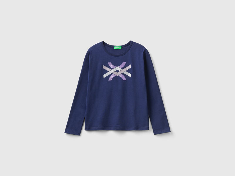 Girls Glitter Logo Long Sleeve Tee - Navy