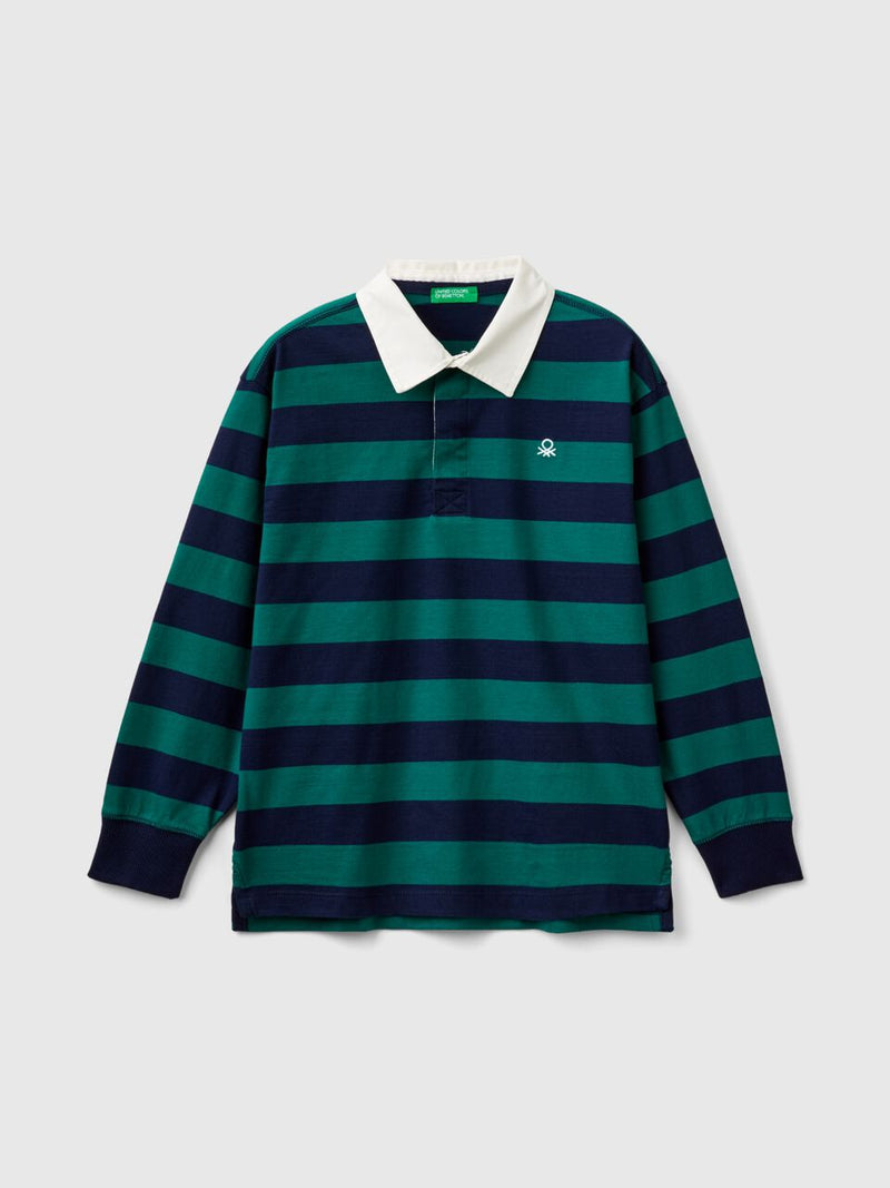 Boys Striped Long Sleeve Polo Shirt - Green/navy