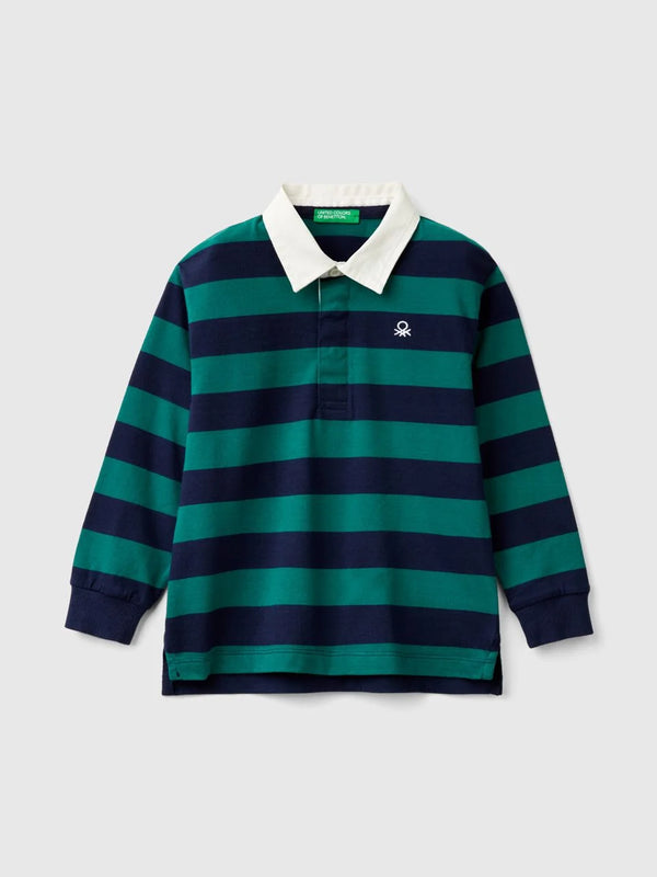 Boys Striped Long Sleeve Polo Shirt - Green/navy