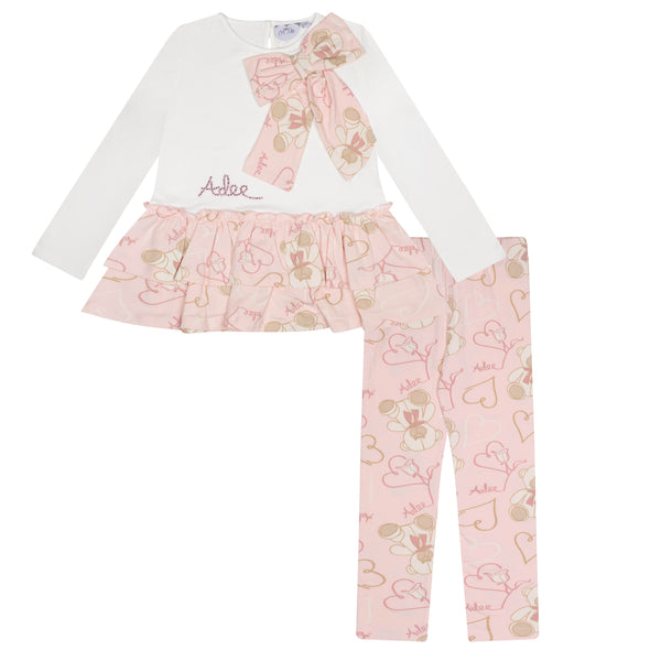 Summer Teddy Print Bow Legging Set - Baby Pink