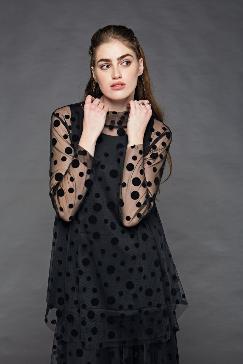 LACE SPOT BLOUSE AND CAMI - Black