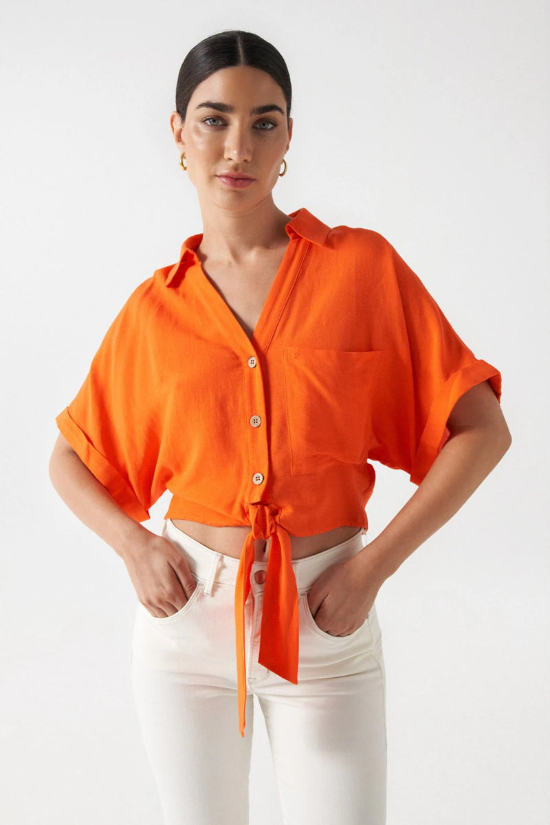 Knot Front Linen Shirt - Orange