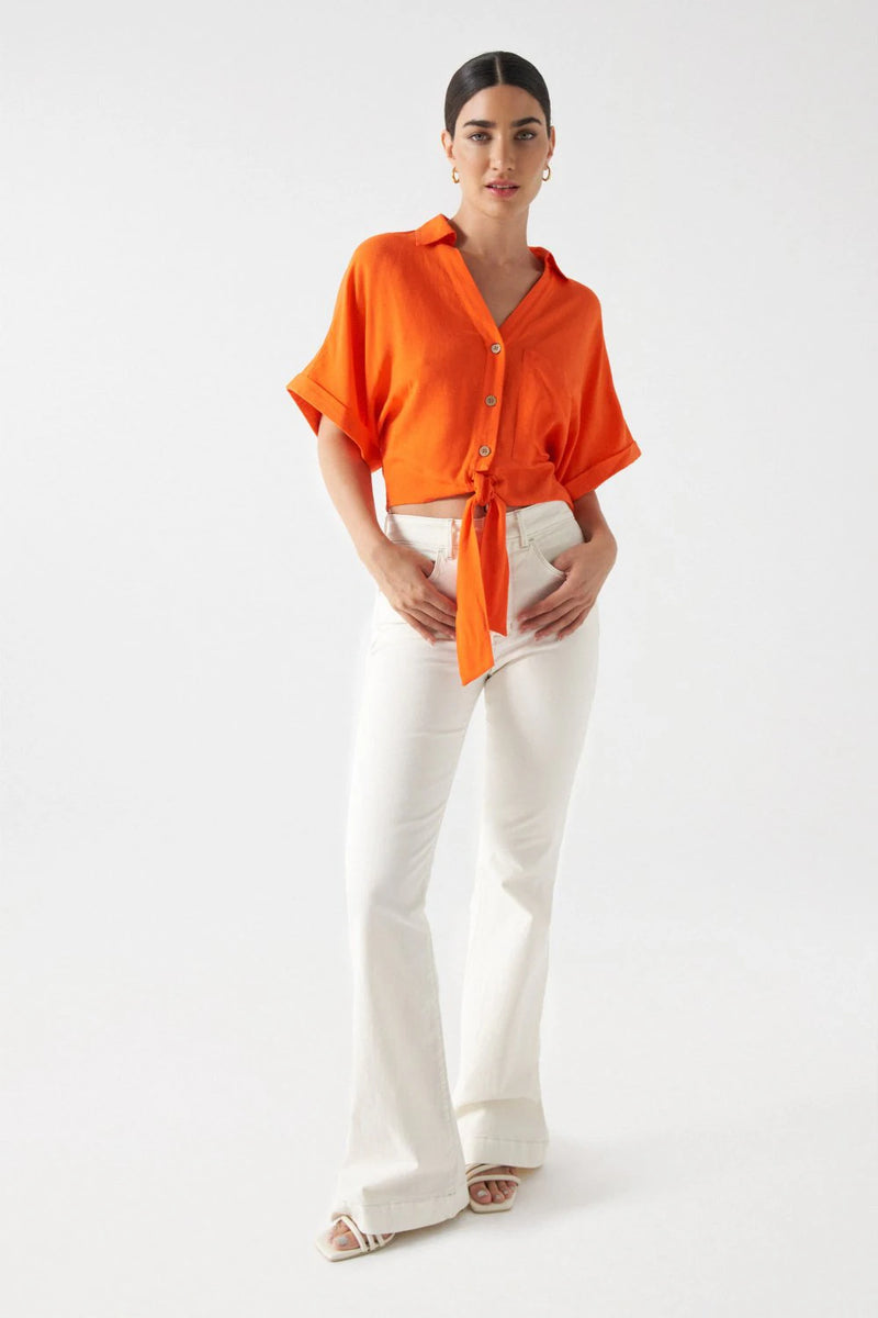 Knot Front Linen Shirt - Orange